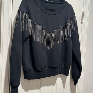 Black Sweatshirt with Silver Rhinestone Fringe